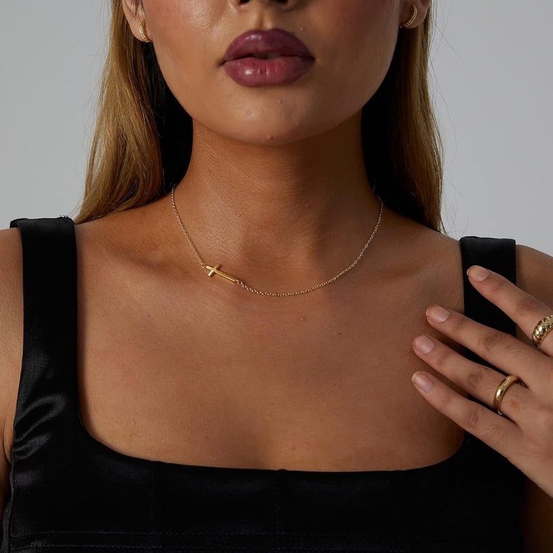 VIROMY Gold Cross Necklace for Women 14K Gold Plated Cute Sidways Cross Pendant Choker Necklaces Simple Trendy Everyday Jewelry for Women - Image 2